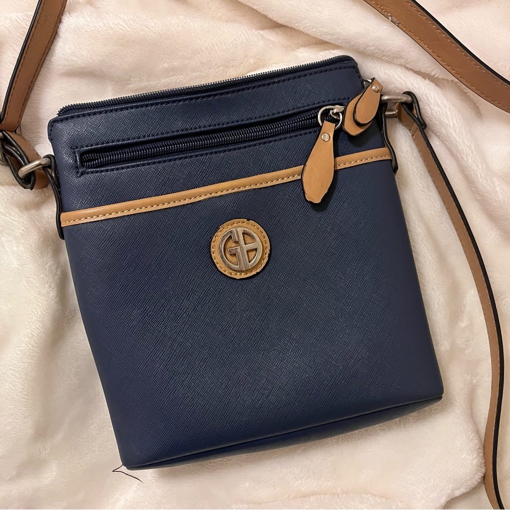 Blue and tan purse